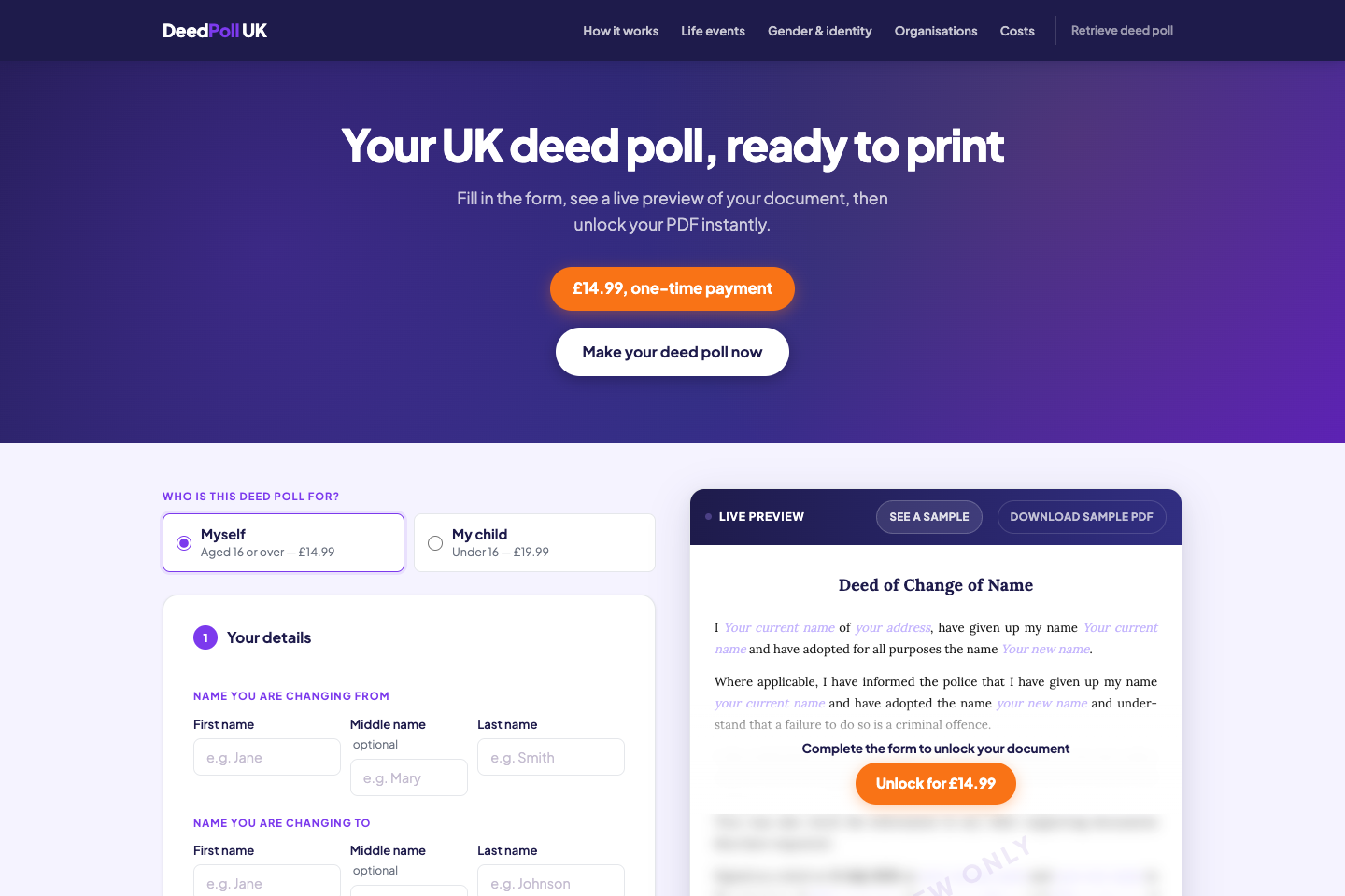 Screenshot of the deed-poll.uk homepage
